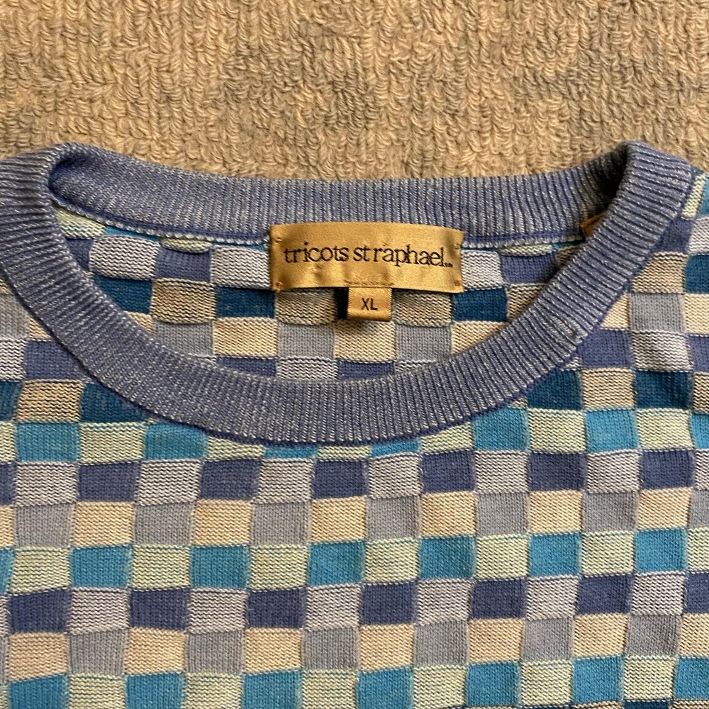 Vtg Tricots St Raphael Sweater Mens XL Blue Geometric Checkerboard 100% Cotton - Picture 2 of 12